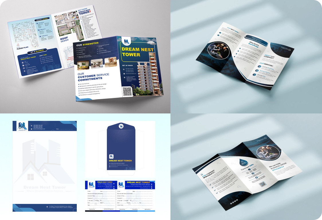 Bifold Brochure Design For drerm Next Tower bifold brochure branding brochure brochuredesign brochuremockup clientwork design dribble envelope graphic design illustration laterhade design mockup moderndesign money receipts design ordernow pad tempalte trendydesign ui