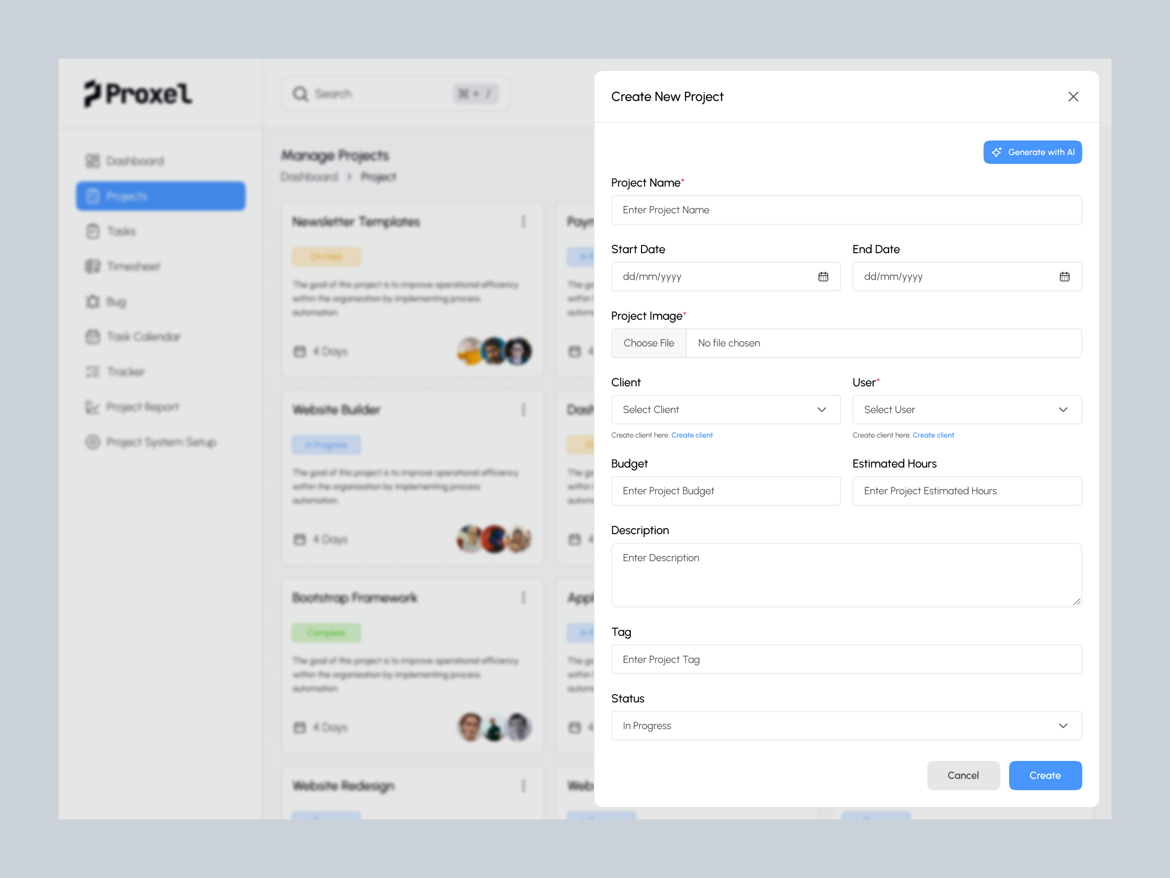 Project Management Dashboard – Create Project Modal UI clean ui create ui dashboard dashboard ui empty ui enterprise software form design modal ui pop up ui product design productivity project management saas saas design ui uiux design untittle ui ux webapp ui
