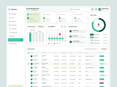 TeamHub Leave Management & Calendar Page calendar ui data dashboard design inspiration figma design hr dashboard hr tech leave management modern ui product design saas dashboard saas design ui design ui inspiration ui showcse ui trends uiux ux design web app design