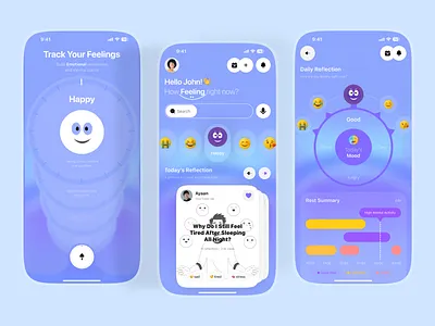 Emotion Tracker & Mood Journal Mobile App UI app design clean ui emotion emotion tracker healthcare ios app mental health minimal ui mobile app modern ui mood tracker product design self care sleep tracker tracker ui design user experience user interface ux design wellness app
