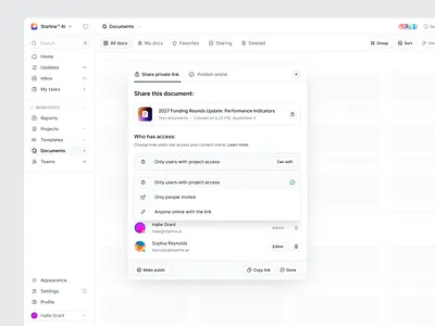 Select General User Access access modal app design pop up product design product ui share access ui design user sharing ux design web app design