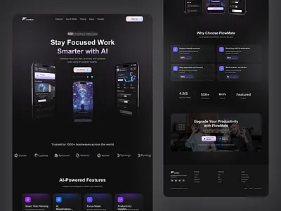 AI Productivity App – FlowMate Landing Page ai assistant ai dashboard ai productivity app ai saas website ai task manager app design dark mode ui figma design mobile app ui modern web design productivity landing page productivity tool saas landing page smart task planning startup landing page task management app user experience ux ui design web ui design workflow automation