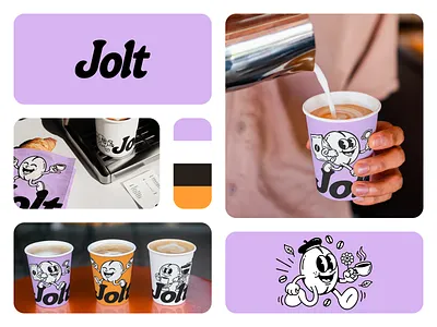 Jolt – Brand Identity Applications brand application brand design brand identity branding cafe cartoon coffee coffee shop color palette cup design food and drink graphic design hospitality illustration mascot mockup packaging playful product design visual identity