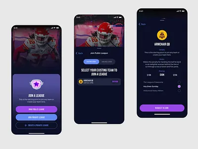 Fantasy League | League Join & Team Entry App UI animation app app design dark mode app fantasy sports app game app ui ios app design mobile modern app design motion graphics product design sports app onboarding ui ux sports league app ui ux sports mobile app ui