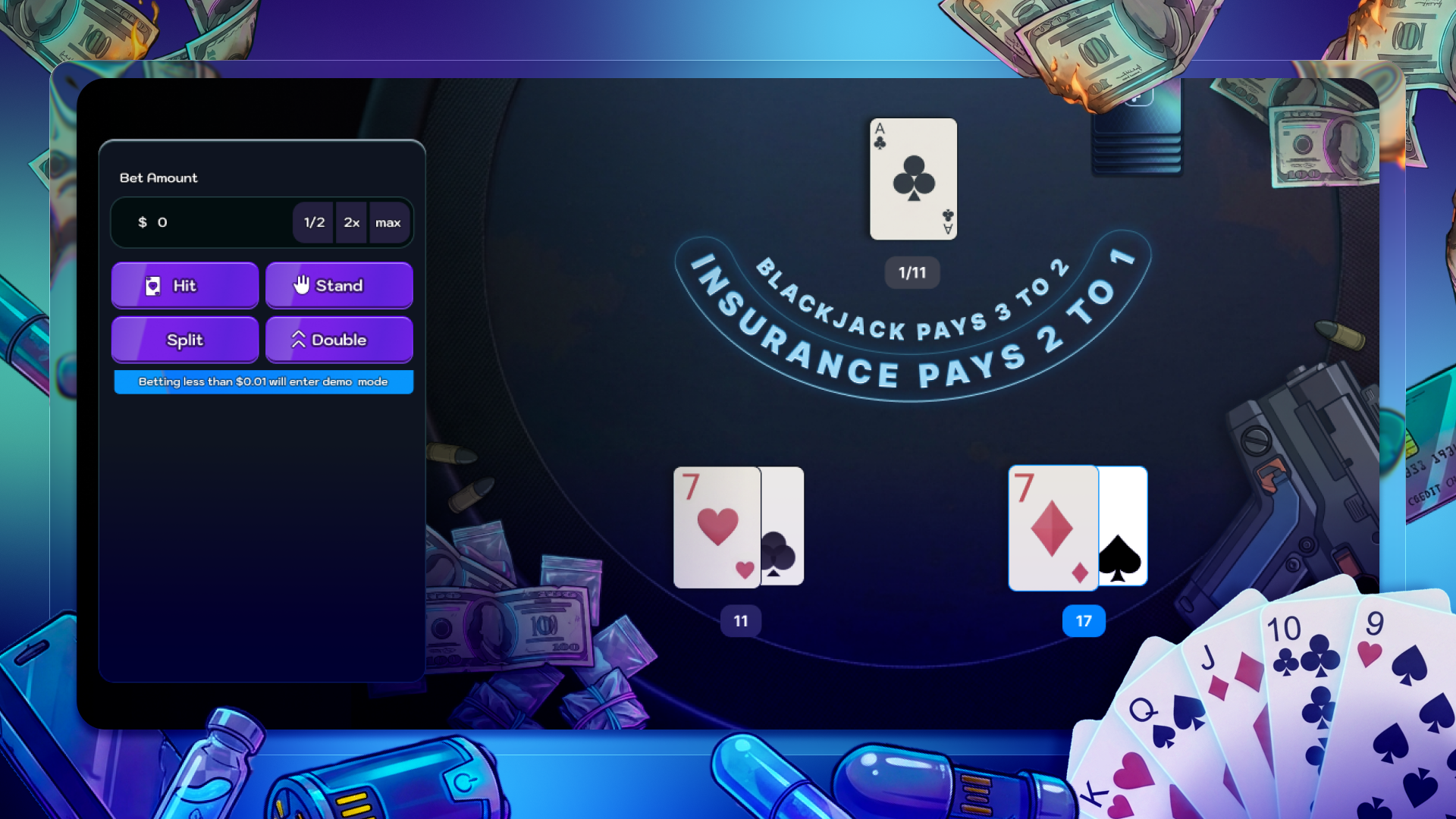 Blackjack Game UI - Cyberpunk Casino app design betting blackjack card game casino crypto casino cyberpunk dark mode gambling game ui interface poker table game ui design web design