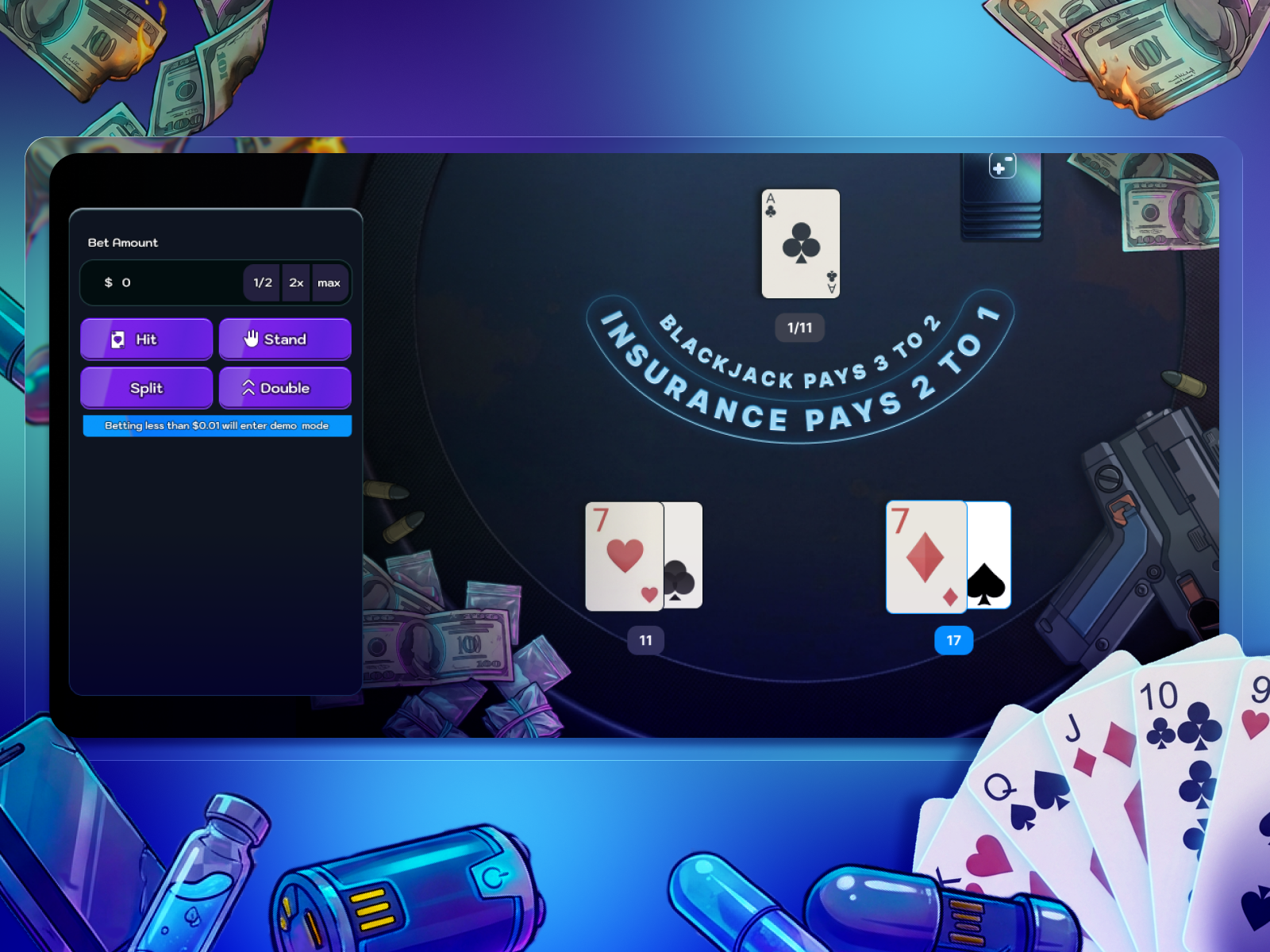 Blackjack Game UI - Cyberpunk Casino app design betting blackjack card game casino crypto casino cyberpunk dark mode gambling game ui interface poker table game ui design web design