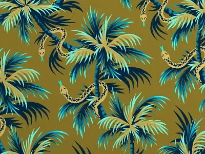 Snake Palms Tropical Print beach fabric green hawaiian illustration island leaves licensing olive palm pattern repeating seamless serpent snake summer surface design textile tree tropical
