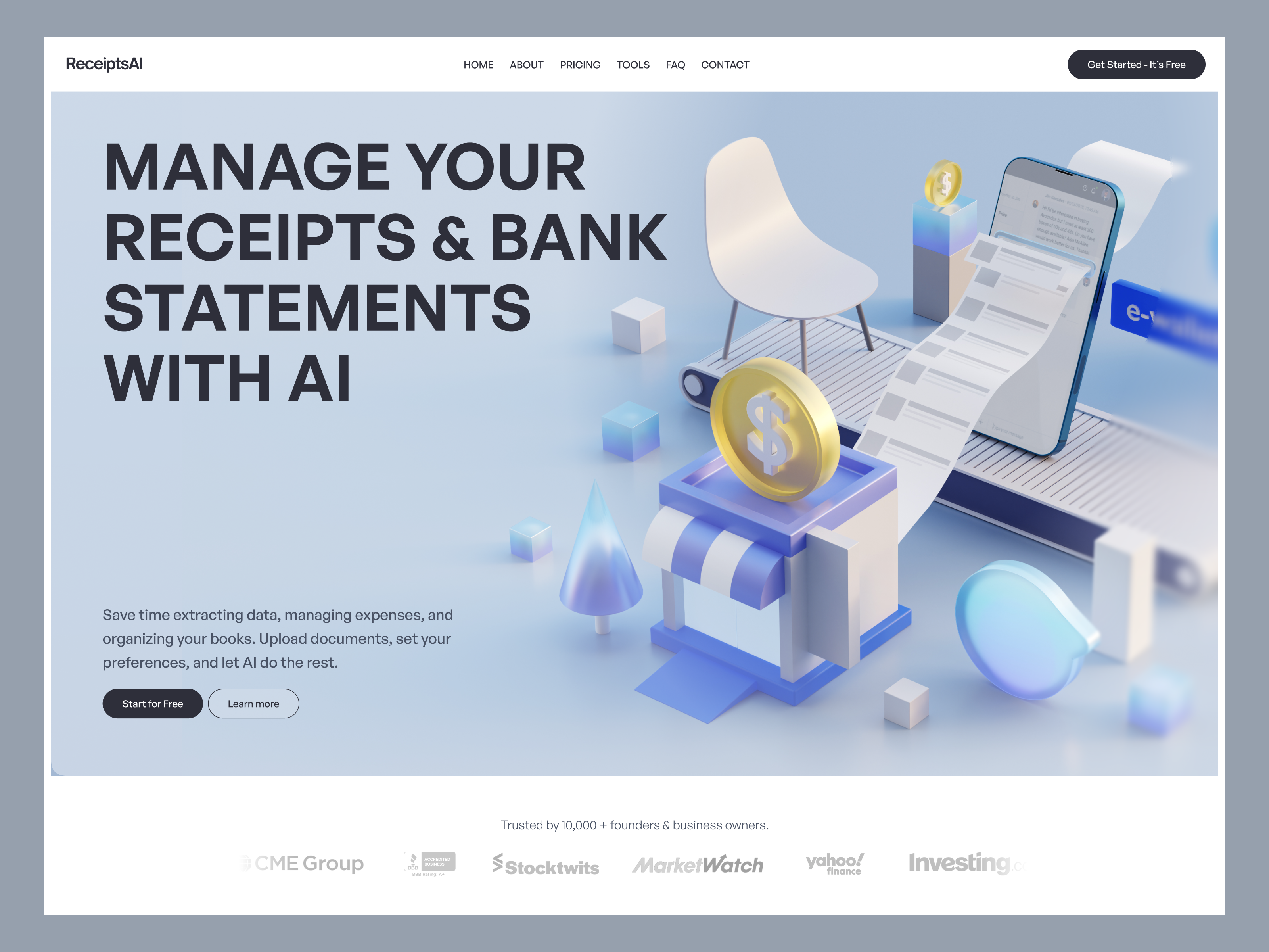 AI Landing Page for Finance 3d ai ai finance ai startup bank expenses finance financial fintech landing page landingpage receipts startup statements uiux web design