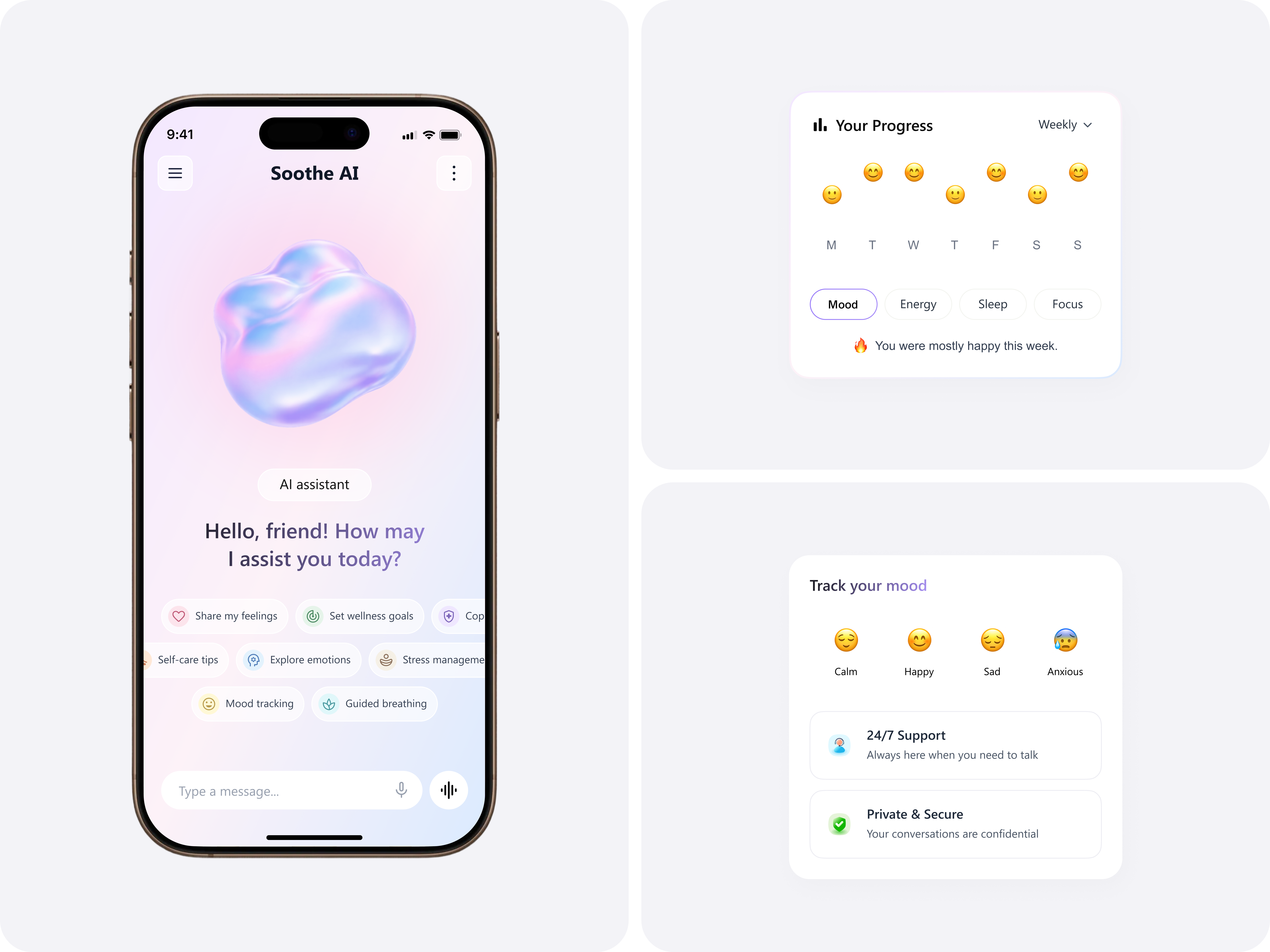Soothe AI – Calm Wellness Assistant App UI ai app chatbot ui clean ui health app ios app mental health minimal ui mobile app mood tracking product design soft ui ui design wellness app zendeeps