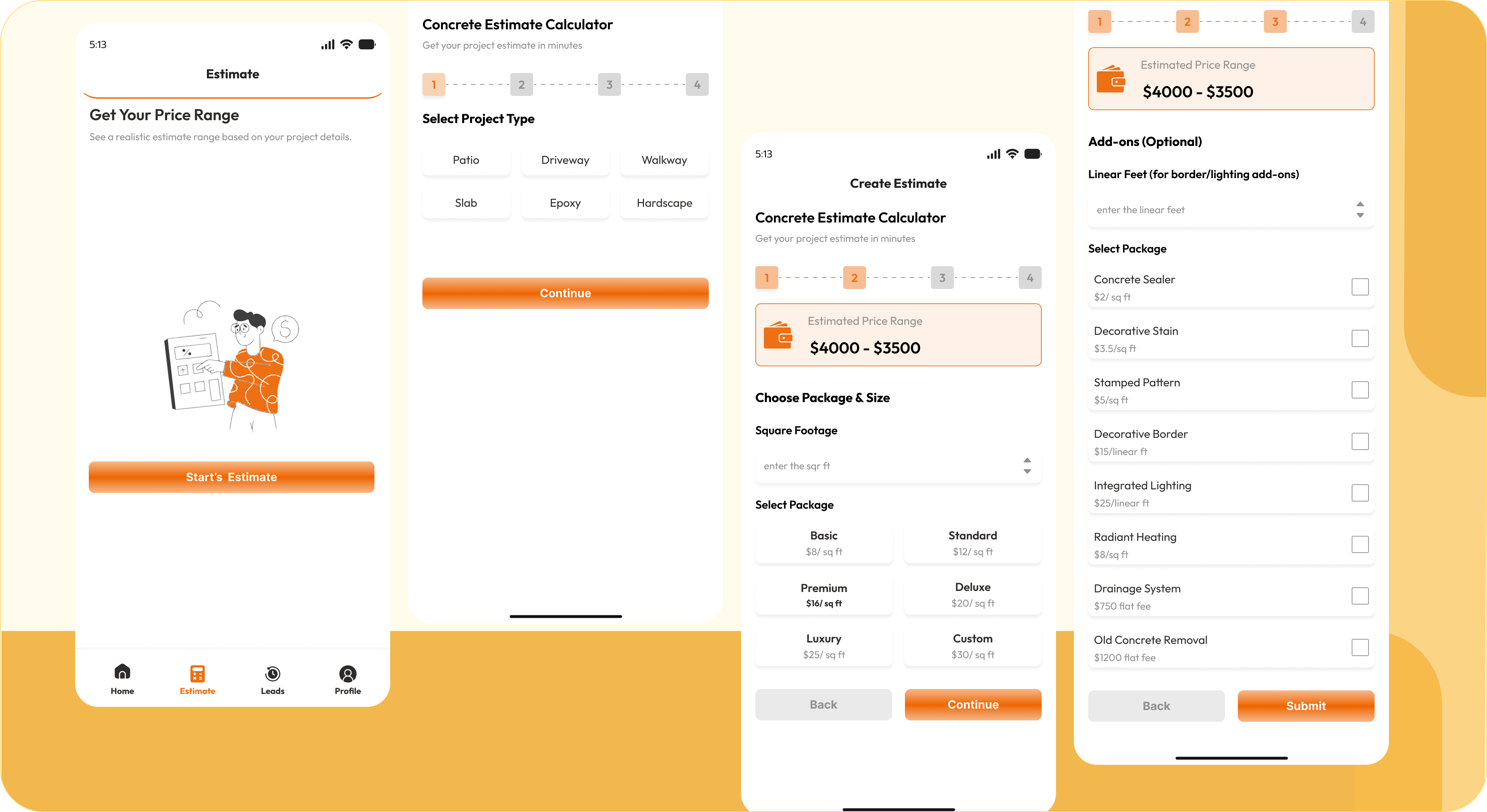 Concrete Estimate Calculator -APP app concept app design business app calculator clean design construction contractor estimator figma ios app minimal mobile app mobile ui orange pricing product design ui design user interface ux design workflow