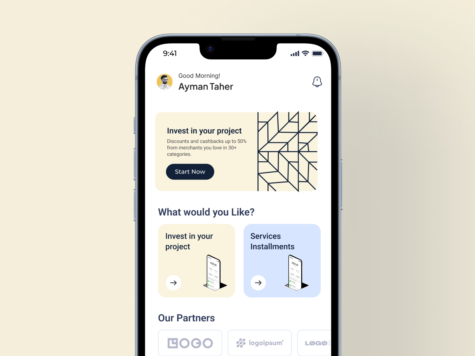 Mazaid Home Page - Fintech app clean financial fintech instamments interface ui