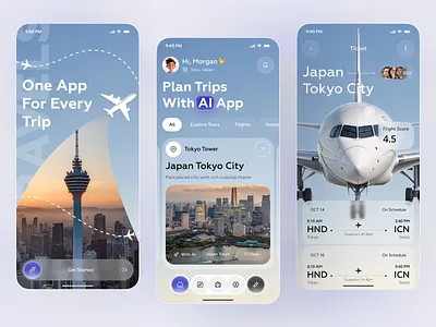 AI Travel Planner Mobile App – Smart Trip Planning & Booking UI ai app ai planner ai travel ai travel app app app design flight flight booking glassmorphism ios mobile mobile app planner travel travel app travel booking trip planner ui design