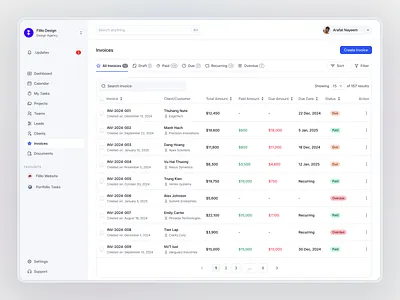 QuickSuite: Invoices Page agencytool businesssoftware clientmanagement crm dashboard dashboarddesign freelancetool invoicing leadmanagement productdesign productivityapp saas saasdesign startupsaas taskmanagement uidesign uiux webapp webdesign workflow