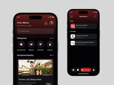 Job Search & Application Screens – Mobile App UI account management ai jobs app home page application tracker green palette hiring dashboard job job app job application tracking job platform job search job search app job tracking app message mobile app design public chat