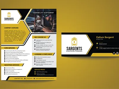 Electrical Services Capability Statement & E-mail Signature black and gold brand identity branding capability statement corporate design design electrical branding electrical services email signature graphic design layout design modern branding print design