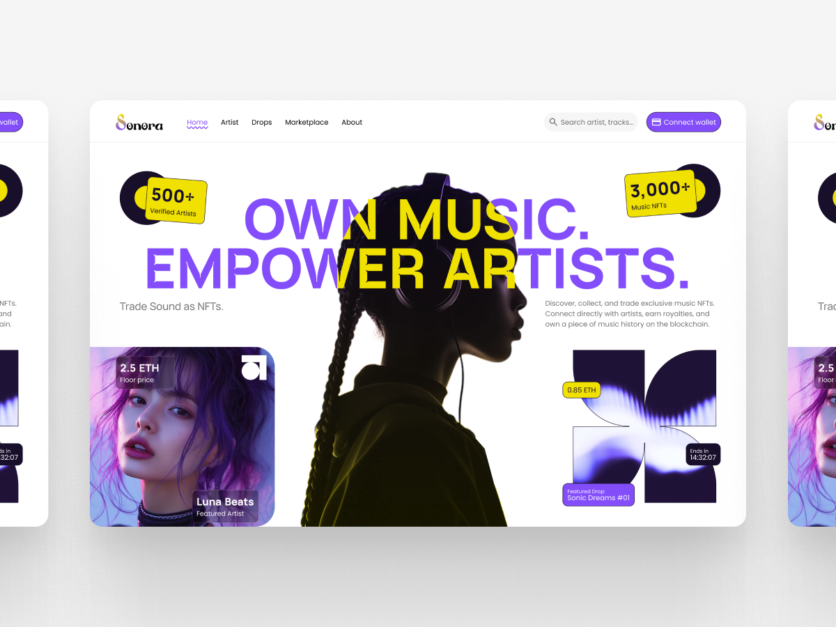 🎧 Sonora — Music NFT Marketplace Landing Page branding design graphic design landing page marketplace music nft nft marketplace nft website ui ui design ux web design webdesign website website design