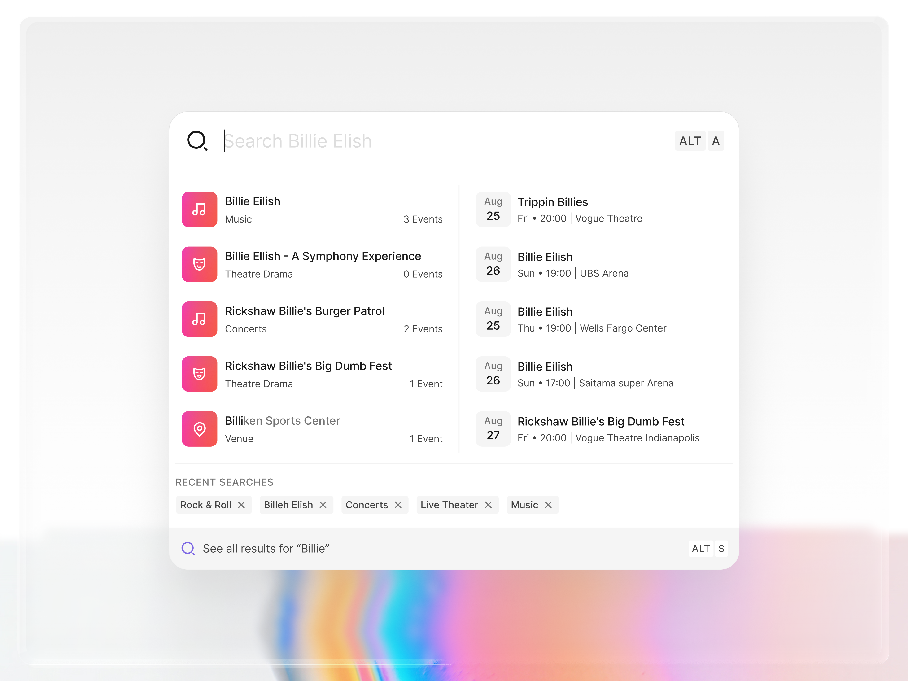 Search Drop Down animation dates design drama events graphic design illustration minimal motion graphics music recent search recent searches search see all shortcut theater typography ui vector venu search