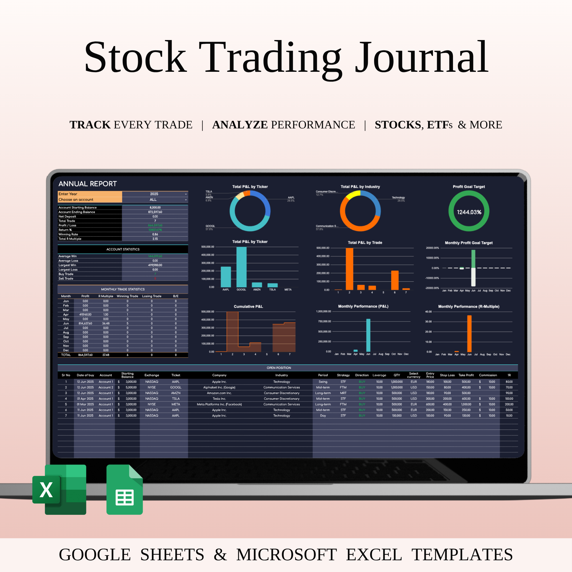 Stock Trading Journal Template (Dark Mode) dark mode excel template finance tracker financial dashboard google sheets investment spreadsheet market analysis profit tracker risk management spreadsheet design stock journal stock portfolio stock trading stocks tracker trader tool trading analytics trading dashboard trading journal trading log