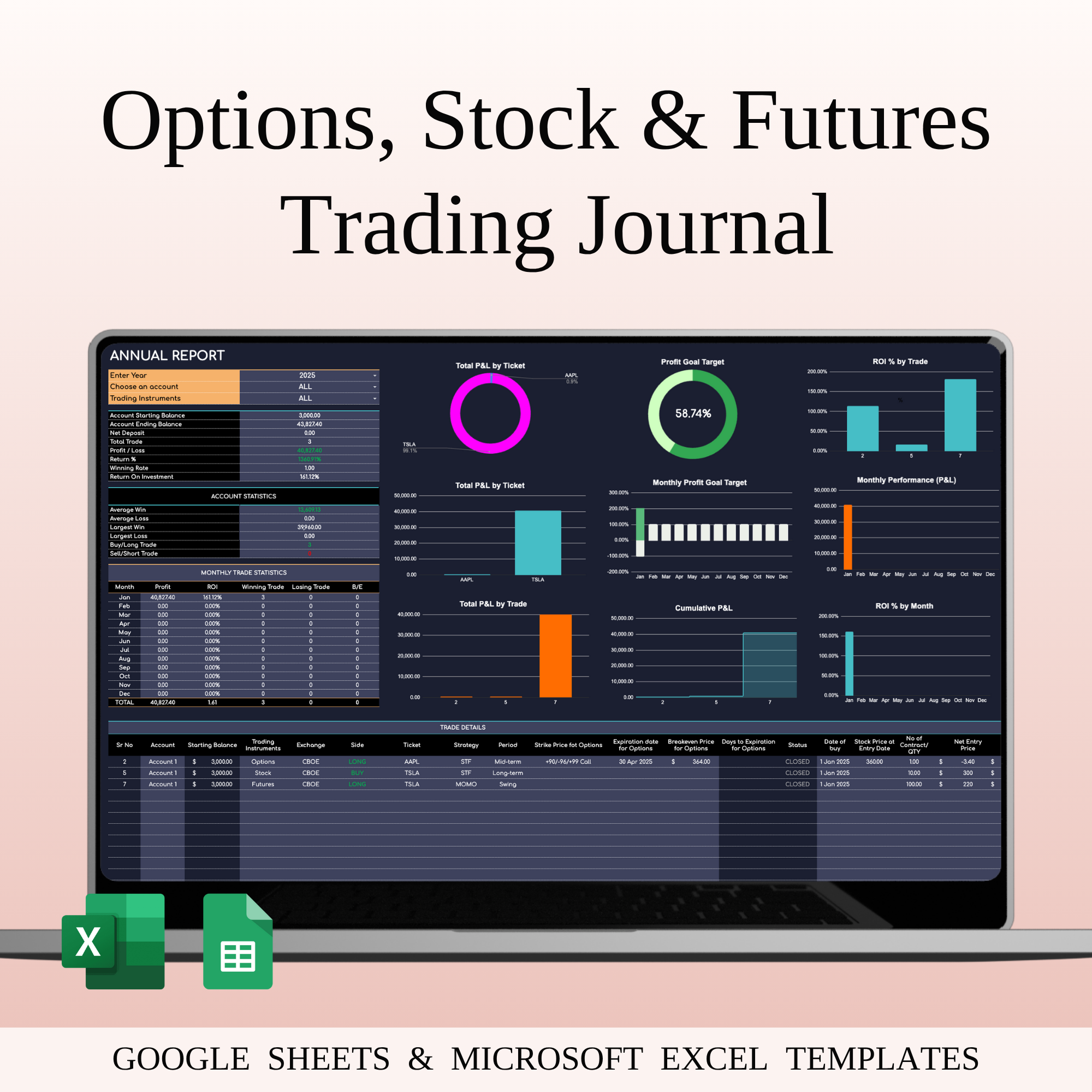 Options, Stock & Futures Trading Journal Template (Dark Mode) dark mode excel template finance spreadsheet futures trading google sheets investment tracker market analysis multi asset trading options trading portfolio tracking profit tracker risk management spreadsheet design stock trading trader tool trading analytics trading dashboard trading journal trading log