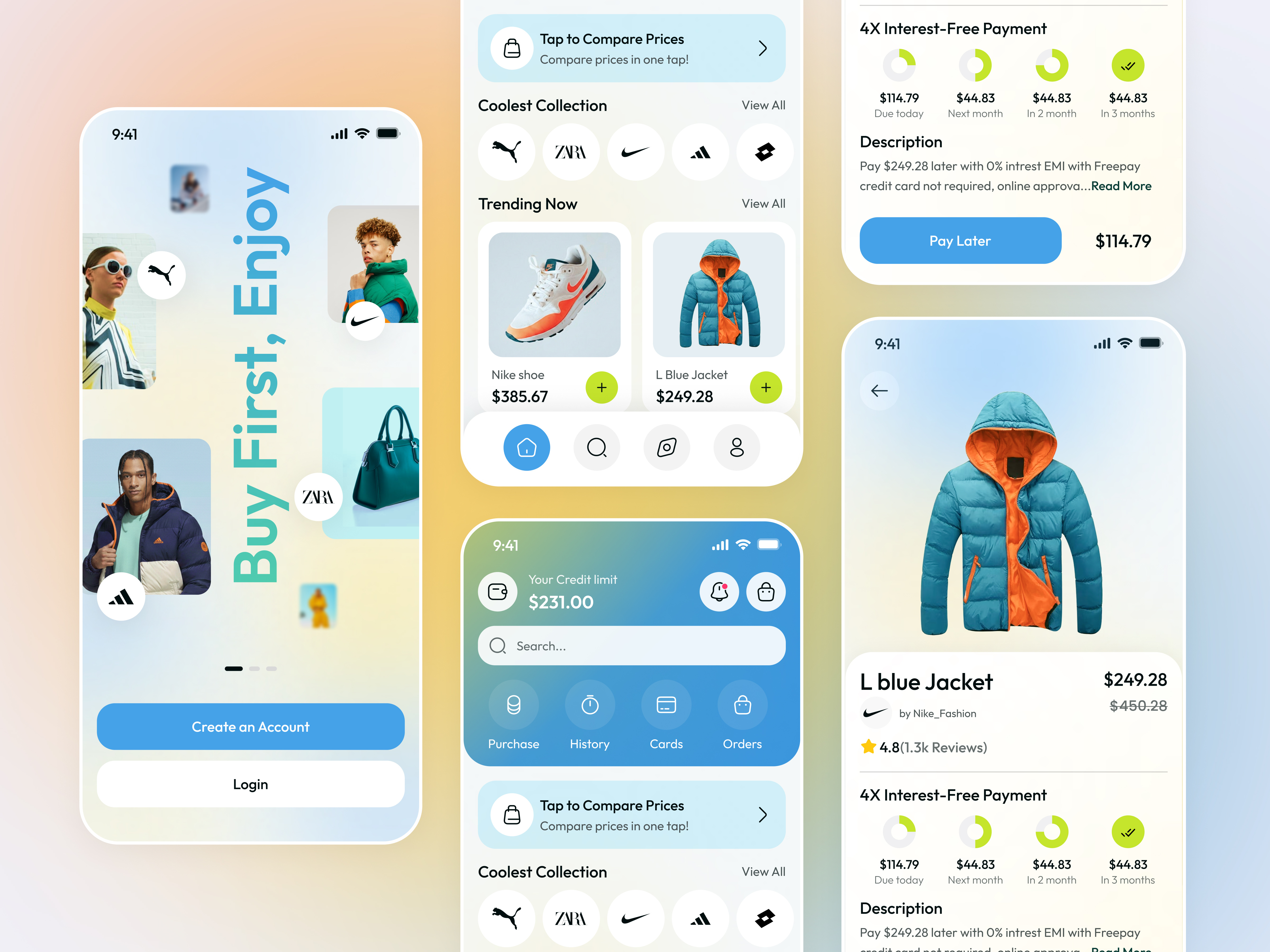 BNPL Fashion Shopping App UI app billing bnpl buy now pay later credit card digitalshopping ecommerce ecommerce app finance app fintech installment plan onboarding onlineshopping paying late paylater shopping shopping app shopping finance ui
