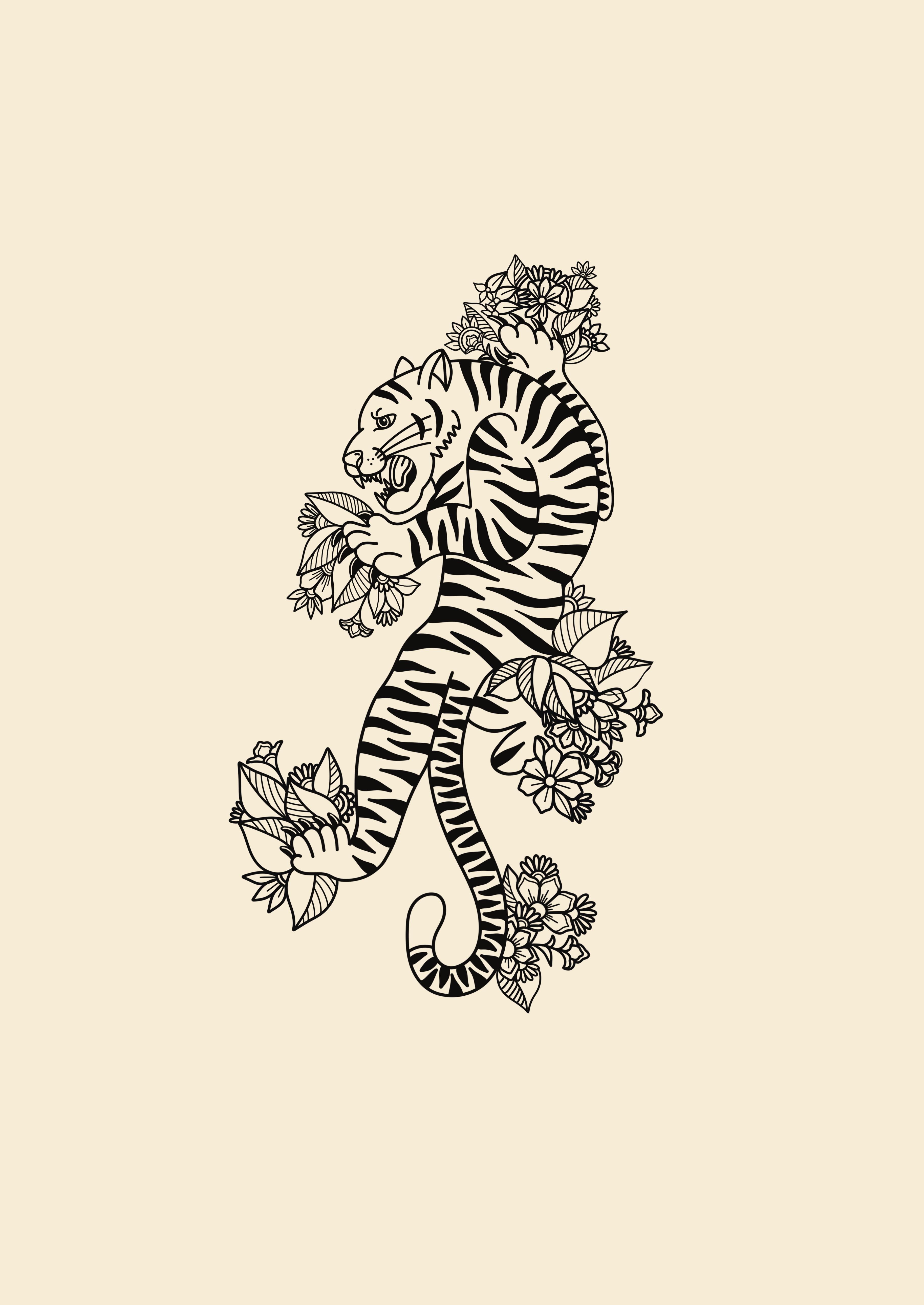Floral Tiger Fine Line Illustration animal illustration black and white illustration decorative illustration fine line illustration floral illustration graphic illustration illustration line art modern illustration ornamental illustration print design tattoo flash tiger illustration