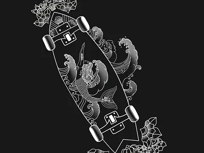 Skateboard Deck Fine Line Illustration black and white illustration deck design decorative illustration fine line illustration graphic illustration illustration line art merch design mermaid illustration procreate product illustration skateboard illustration tattoo style illustration wave illustration