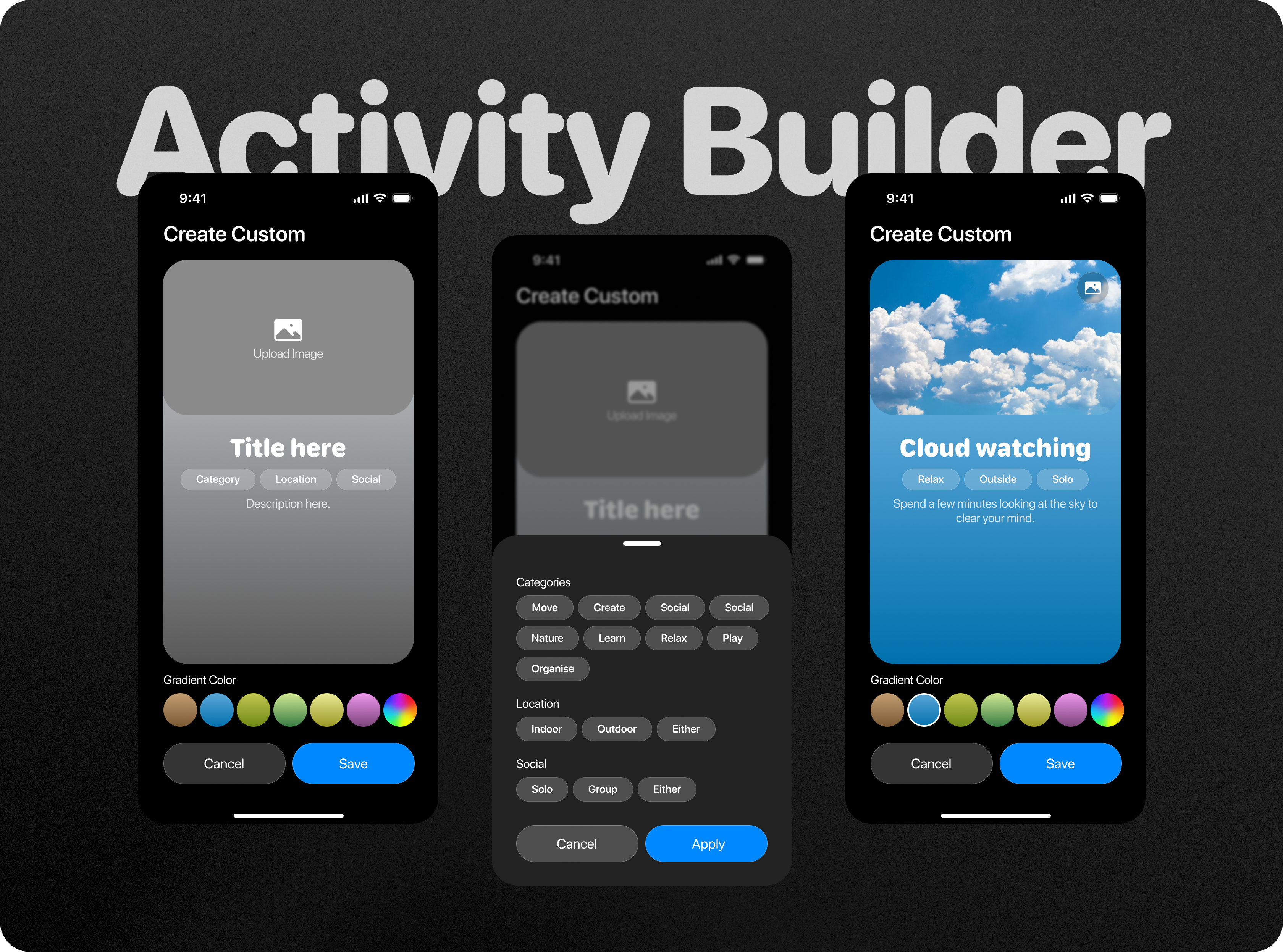 Custom activity builder appdesign darkmode ios minimalism mobile productdesign ui ux