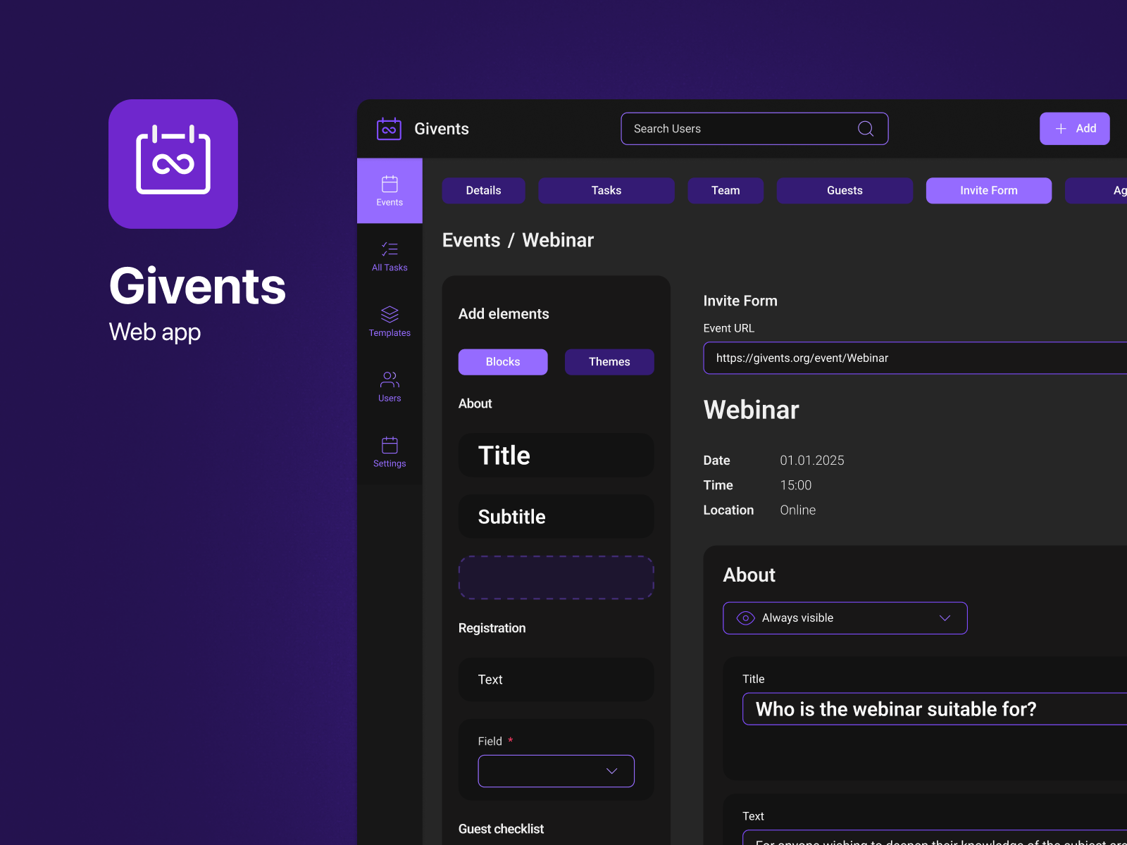 Givents - Web app - Dark theme adaptive app application dark theme design event app event organizer flat ui night mode responsive ui web web app web application