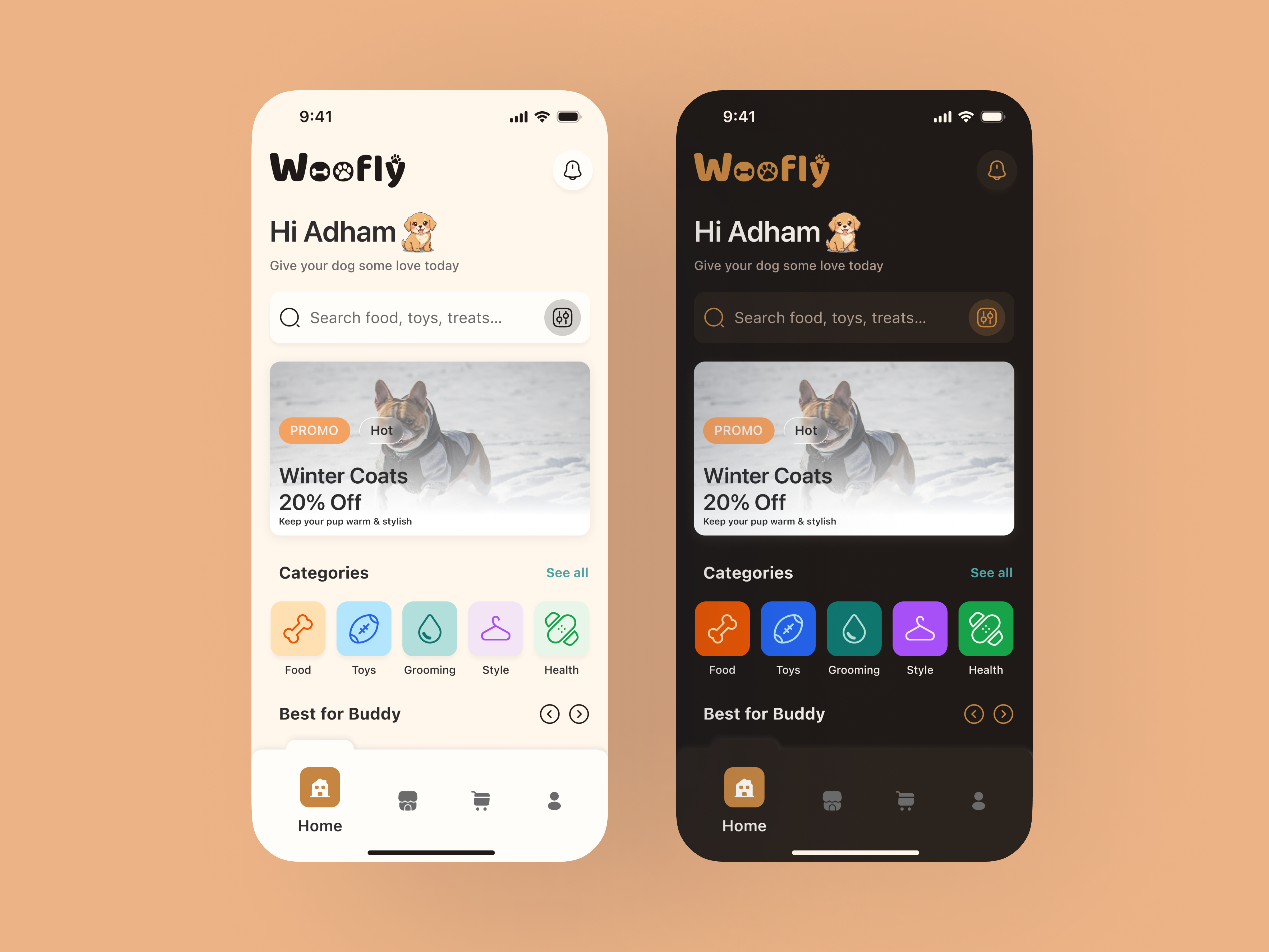 Woofly — A Home Screen That Feels Friendly & Familiar 🐕 dark mode dog app dog lover ecommerce ecommerce app ios app light mode mobile app pet app product design ui ui design ux design