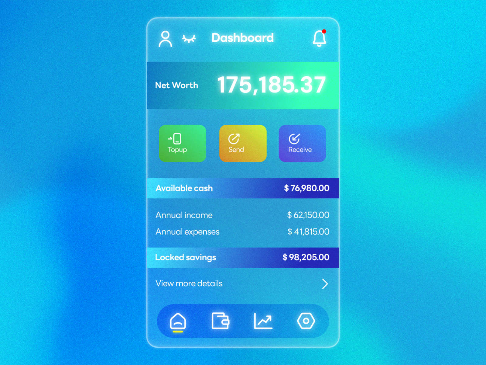 Glass Finance App UI aurora balance chequing colorful credit card expenses fintech lock screen mobile app money motion design net assets net worth password portfolio savings soothing wallet
