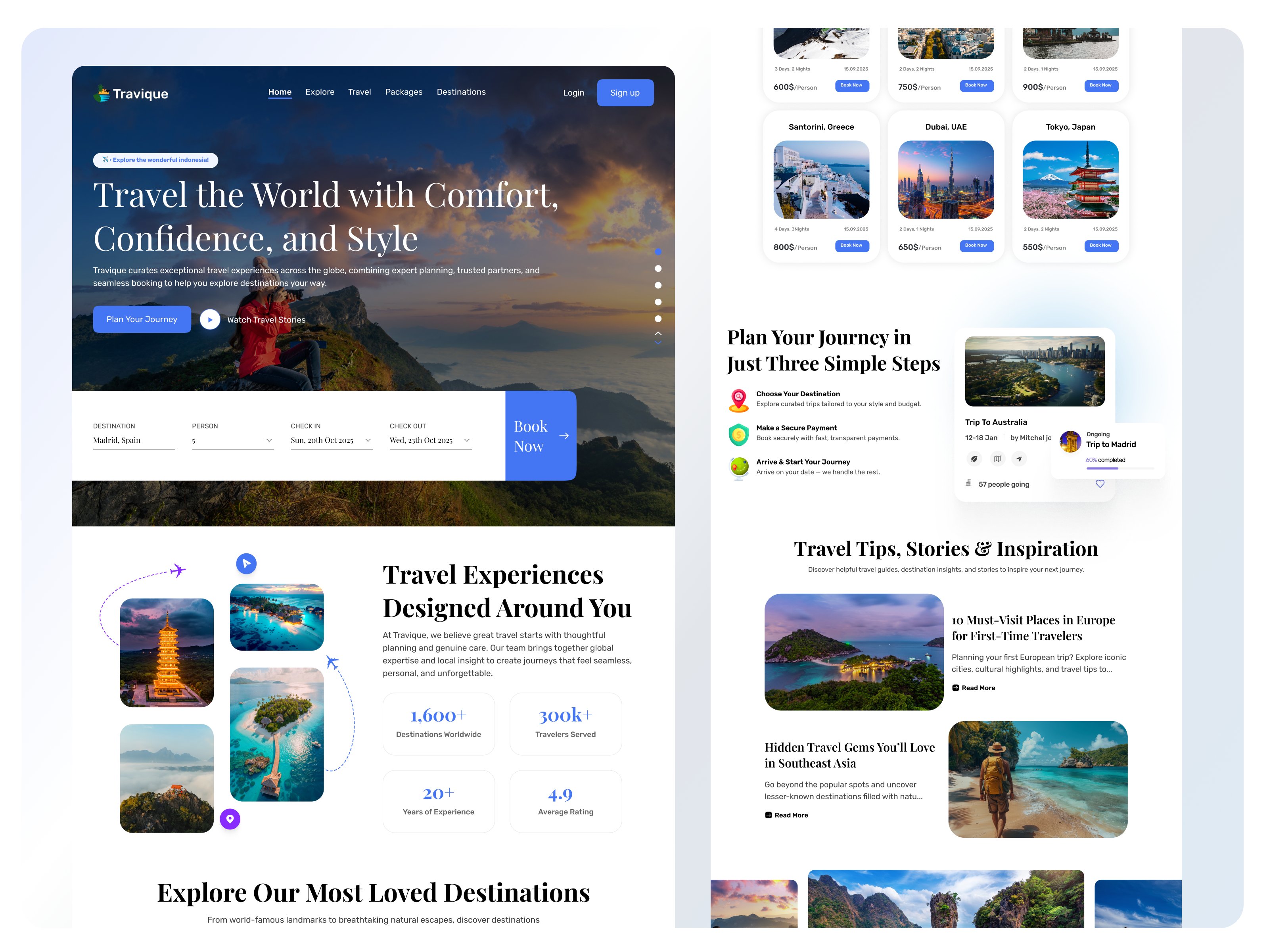 Travique — Modern Vacation Booking Landing Page UI adventure booking platform clean ui destination flight booking hero section holiday hotel booking hotel reservation kinetic glyph landing page lifestyle mehbubur rahman tourism travel travel booking website trip planner vacation website website design