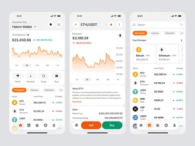 Crypto Wallet App — Market & Trading Experience achmad hakim banking app card clean crypto app design crypto wallet dashboard defi app fintech app icons landing page logo minimal design mobile app mobile trading spark pixel wallet app