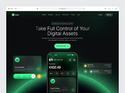 Crypto App Landing Page app design bitcoin blockchain app crypto crypto app crypto platform crypto wallet digital finance finance app fintech app hero section landing page manage crypto modern landing page product design web design website