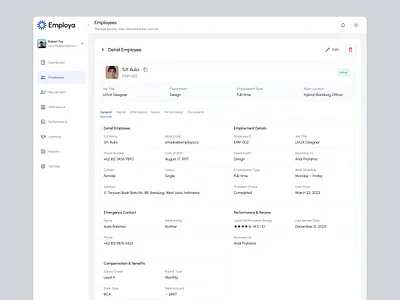 Employa — Employee Detail Dashboard admin panel clean design design detail page employee employee detail employee management hr hr management human resources management minimalist saas ui uidesign uiux ux uxdesign web design website