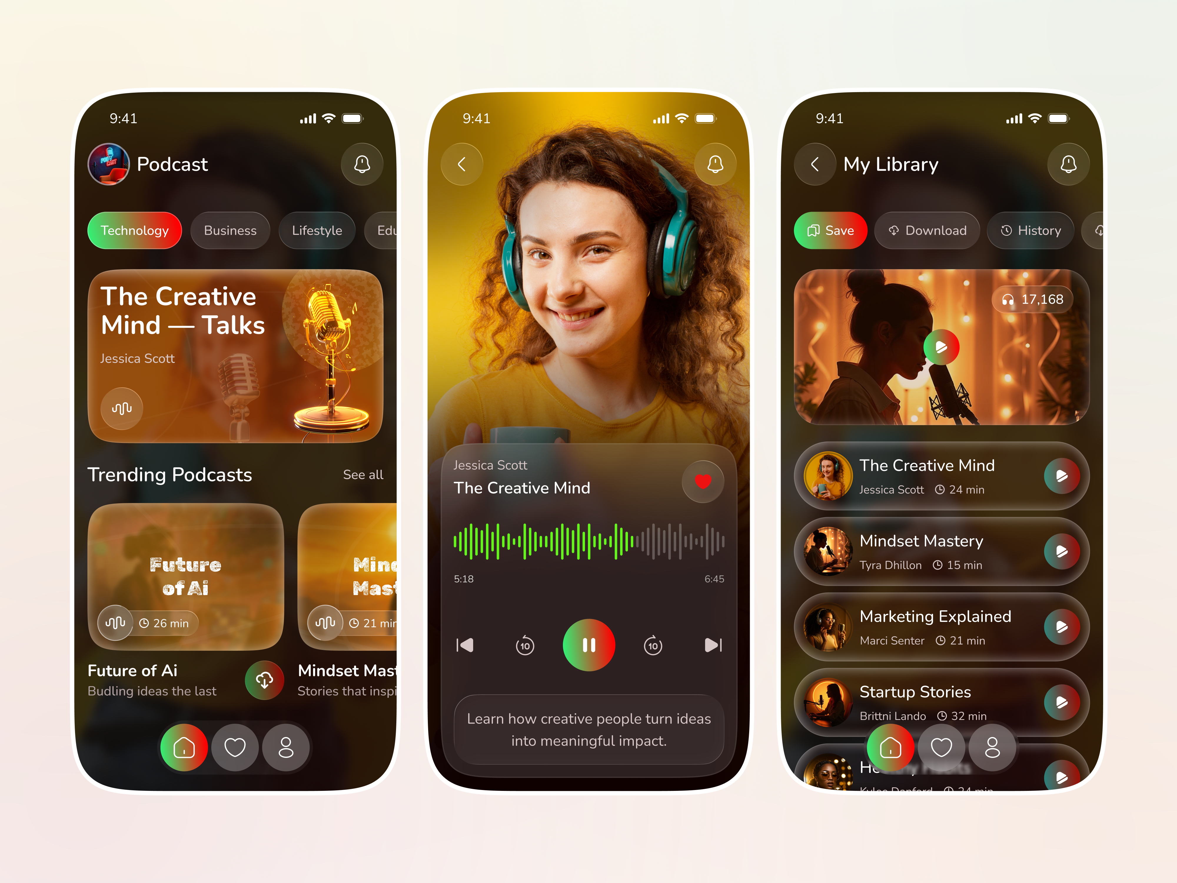 Podcast Streaming App app app design audio player ui digital product dribbble glass morphism media design mobile app mobile app design music player app player playlist podcast app podcast mobile app podcasting streaming app ui ux