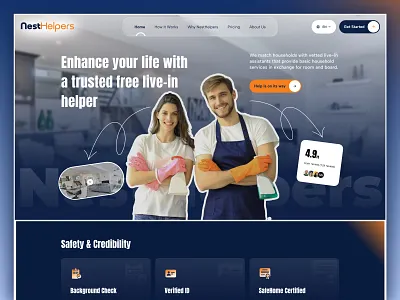 Household Helper Service Landing Page | NestHelpers 2026 app design caregiver cleaning service dribble home services household helper household landing page household website design marketplace minimal modern ui saas startup trendy trust safety ui design ux design visual design web design