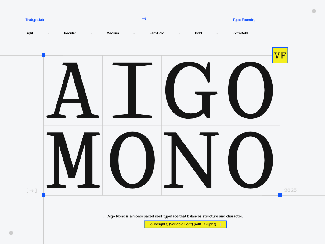 TRT Aigo Mono - Monospace Serif Typeface branding clean design display font elegant font font family free download graphic design logotype magazine modern monospaced poster serif monospaced white space yellow