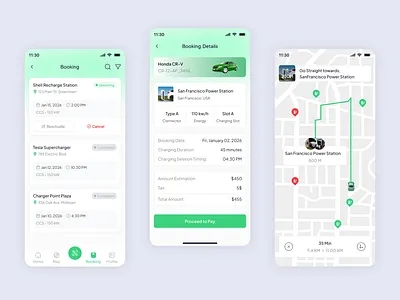 EV Charging Station Finder & Booking App booking app car charging ui charging station finder dashboard ui digital wallet eco friendly design electric vehicle ev charging app fintech ui green energy app ios app design maps navigation ui minimalist ui mobile app design smart mobility sustainable tech ui uiux design user experience user interface