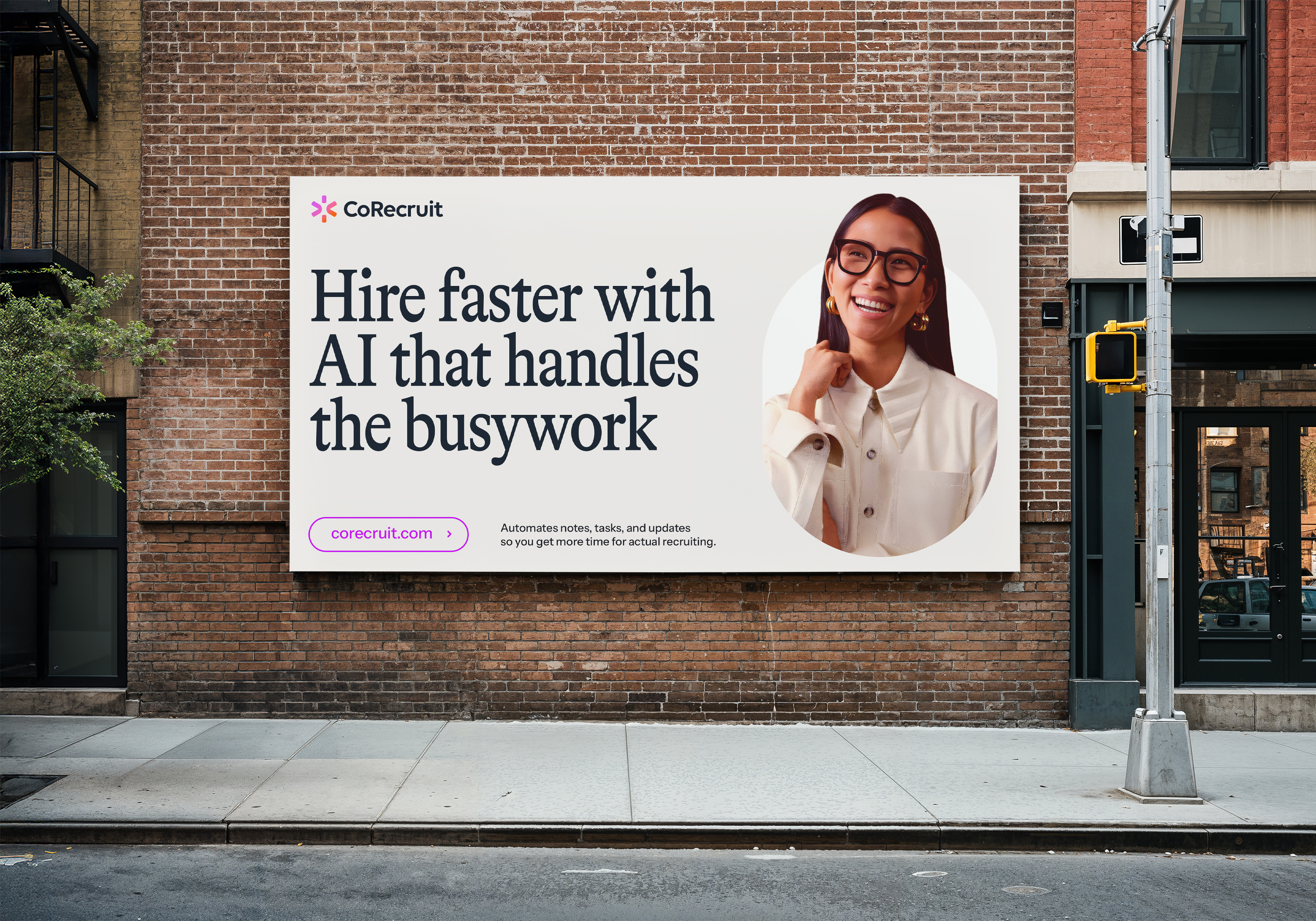 Corecruit Billboard ai product ai recruit billboard billboard design brand identity branding digital brand modern branding product design rebrand recruit recruitment serif font startup tech brand tech branding typography visual identity