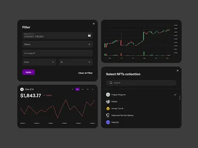 NFT Portfolio Analytics Dashboard analytics chart ui collection selector crypto dark mode dashboard data visualization filter modal fintech nft portfolio tracker ui design ux design web3