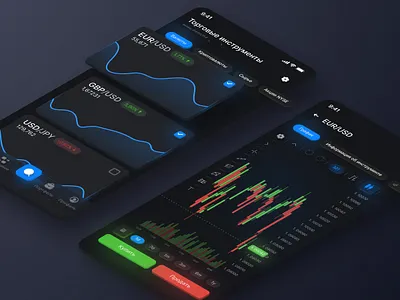 Redesign FOREX app LiteFinance 3d app blue button chart dark theme design forex glass effect gradient graphic mobile ui trading trend ui uix user interest ux ux ui web