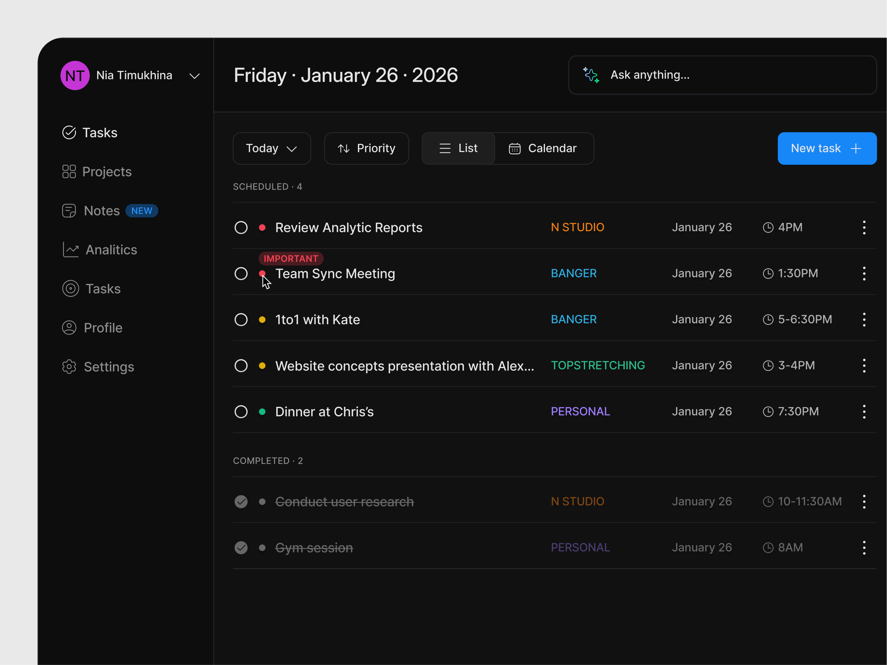 Daily Tasks Dashboard clean ui dark mode dark mode dashboard dashboard planning product design productivity saas task dashboard task manager ui user interface ux ux ui web app