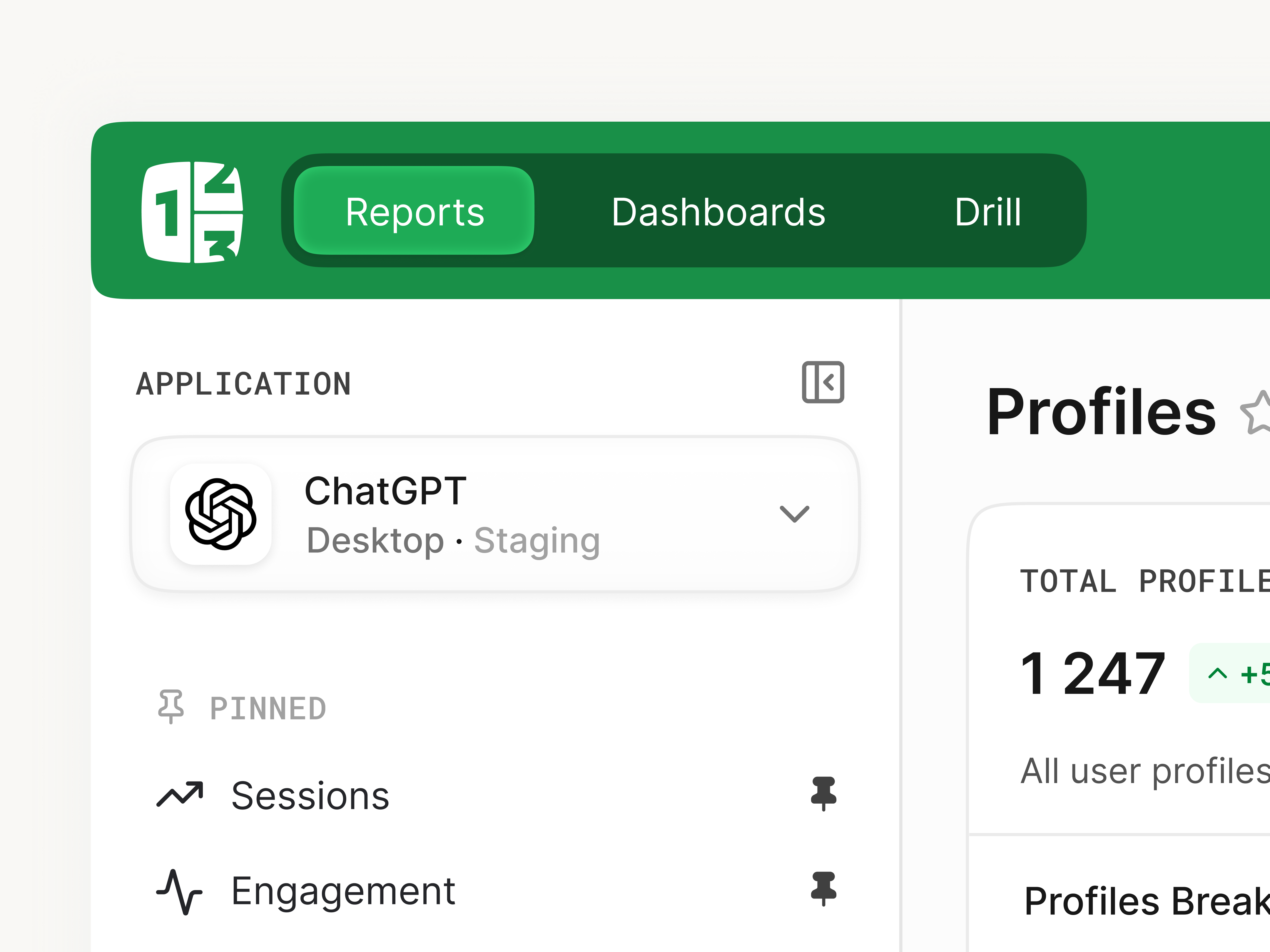 Navigation - New Countly UI analytics app clean countly dashboard dropdown green logo menu minimal nav navigation panel selector shadow sidebar topbar ui ux