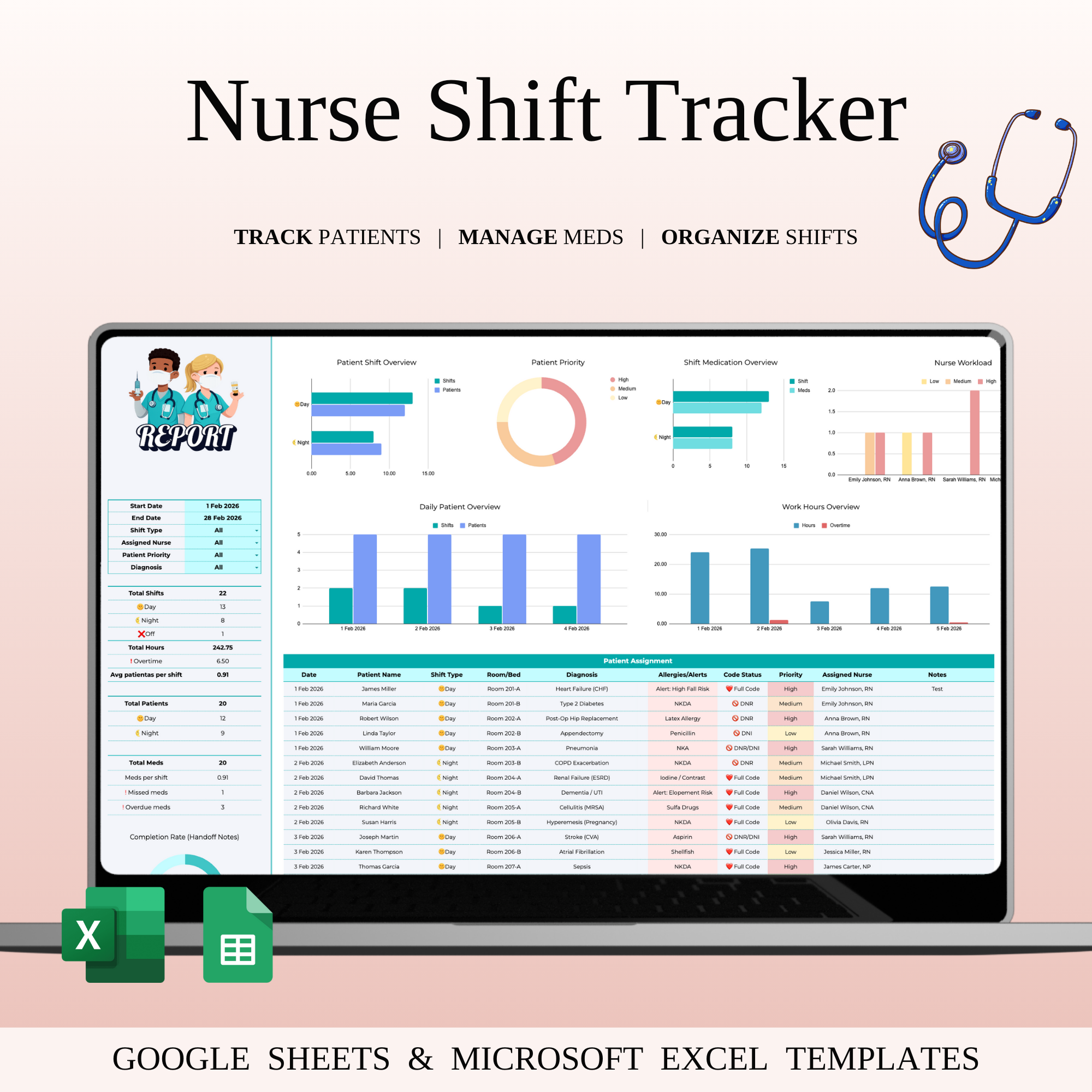 2026 Nursing Shift & Patient Tracker care excel healthcare hospital management medical nurse nursing organization patient roster scheduling shift shiftplanner spreadsheet staff tracker tracking ward workflow