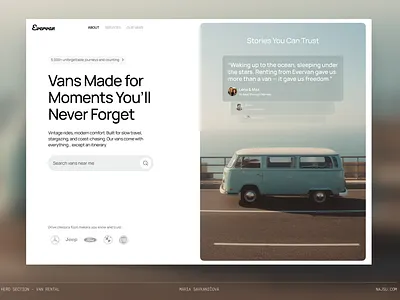 Hero section for van rental services branding conversion focused design creative direction editorial layout hero section minimalist design search ux social proof testimonials travel website ui design user centered design ux design web design website concept website design