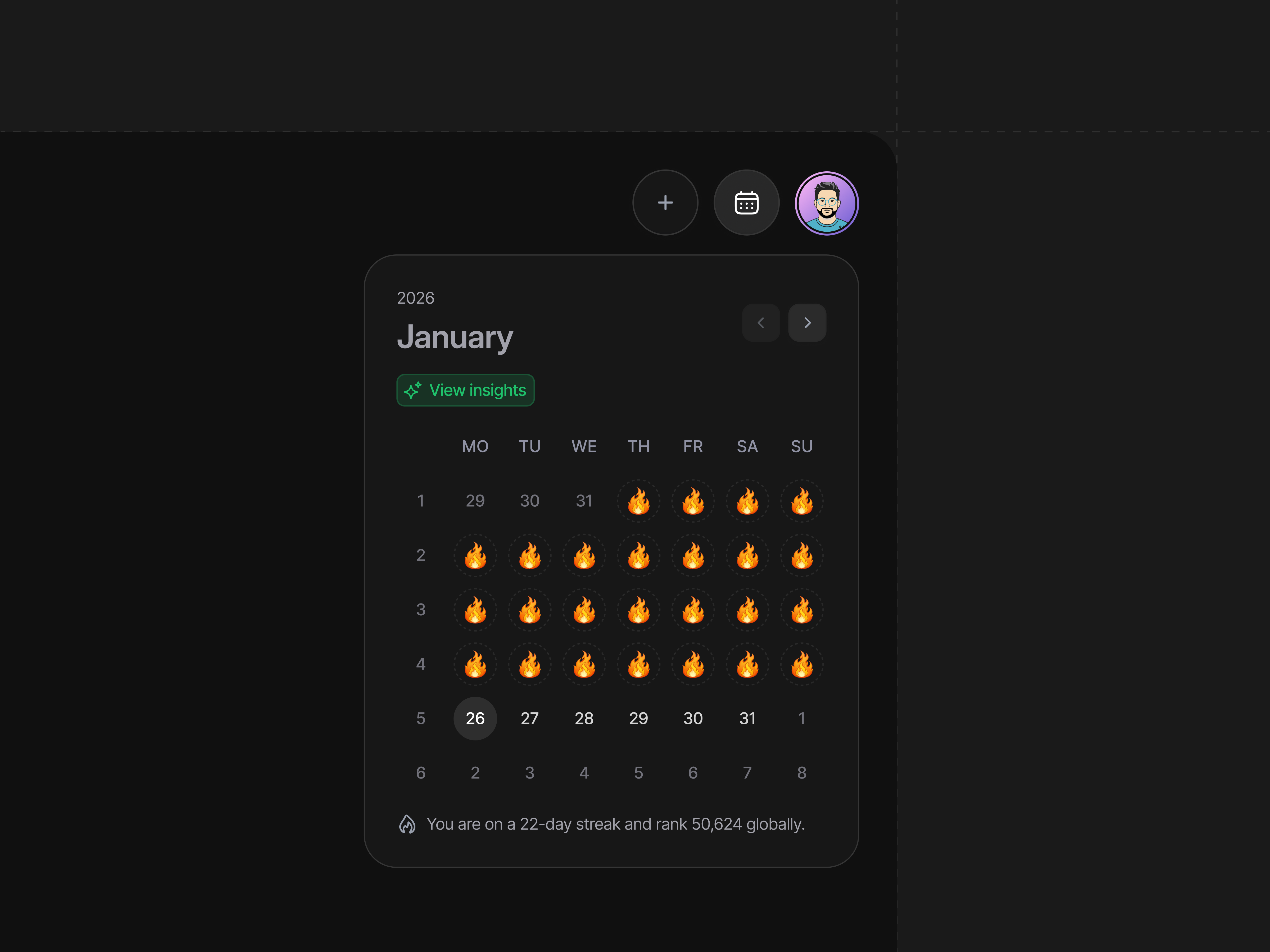 Streak Calendar UI — Gamified Activity Tracking activity analytics widget calendar calendar component calendar streak ui calendar ui dark mode dark mode calendar ui date picker date picker ux design date picker with streaks gamification gamified date picker habit tracking productivity streak calendar ui user retention user retention gamification