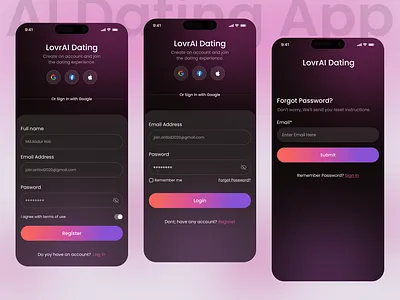 Login & Signup Page UI Design | Dating App ai app ai dating app app design dating app forgot password ios login login page login screen login ui mobile mobile app modern dating online dating registration sign in sign up signup signup page