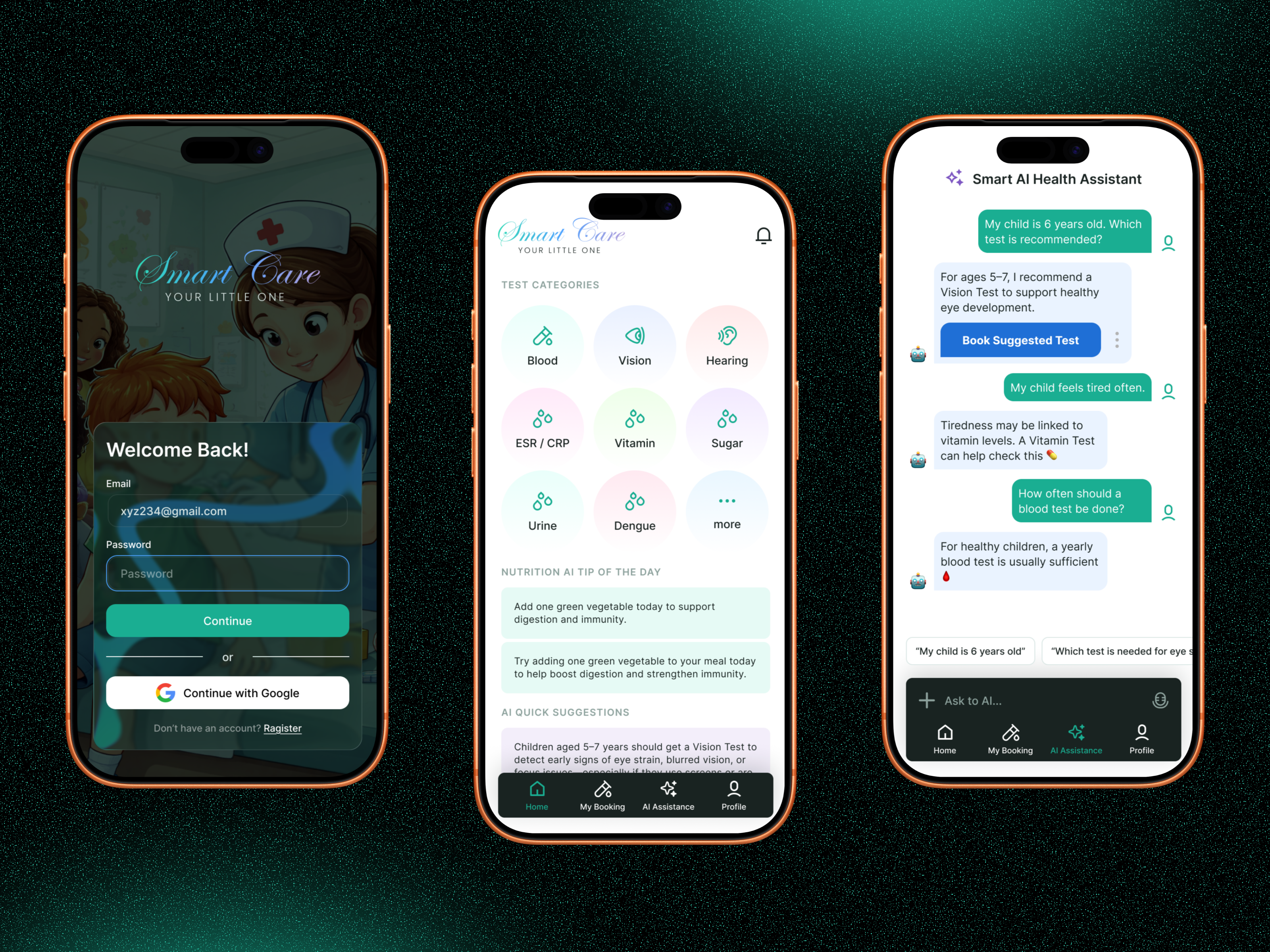 Kids medical test booking with AI Assistance app ai assistance chat color font ui design ux design