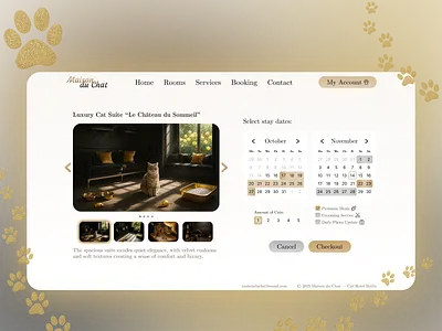 Premium Cat Hotel booking page calendar cat concept gold graphic design hotel paws premium ui website