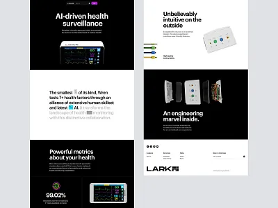 Lark AI Health Monitor Landing Page accuracy stats ai monitoring cardiac monitor dark mode device ui engineering focus exploded view fintech adjacent health tech landing page medical device minimal design portable health product showcase trust signals ui design ux design waveform ui website design wellness